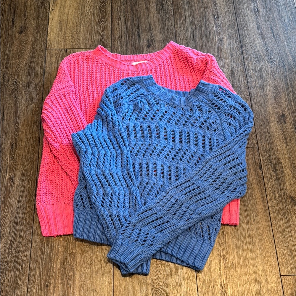 American Eagle Outfitters Pink & Blue Open-Knit Crewneck Sweaters